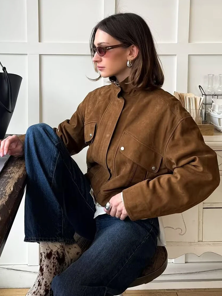 

Женская замшевая куртка SLTNX, модная куртка-бомбер с воротником-стойкой и карманами, стильное пальто для весны и осени