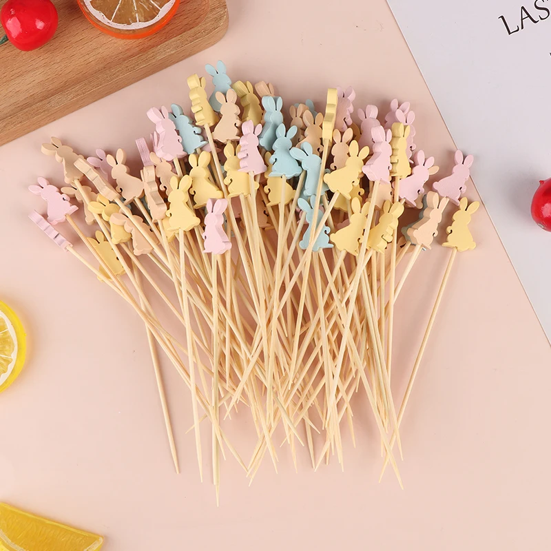 100Pcs Disposable Bamboo Fruit Forks Easter Rabbit Food Picks Sandwich Buffet Stick Easter Birthday Party Decoration