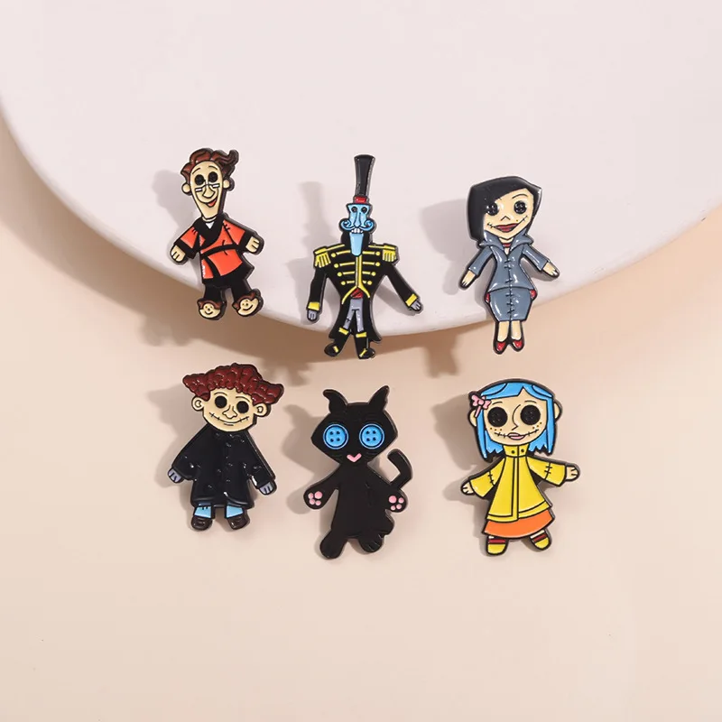 7Pcs/set Horror Animated Films Coraline Doll Badge Metal Brooch Backpack Badge Halloween Accessory Gifts for Friends image 2