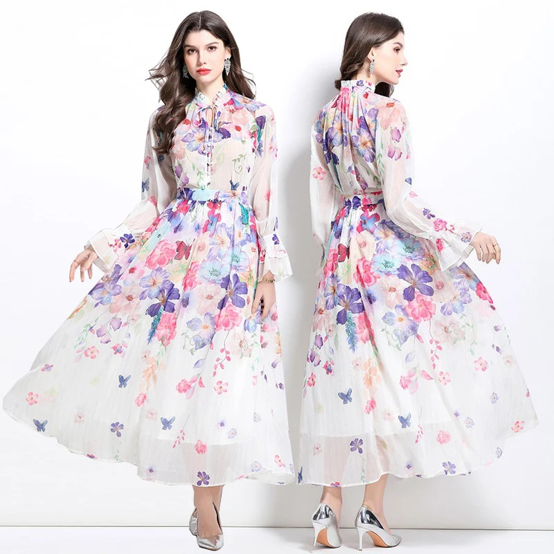 

Large Flower Print Long Sve plus Size Set Celebri Sle Faionable Candy Color Princ Wind Long Skirt Suit