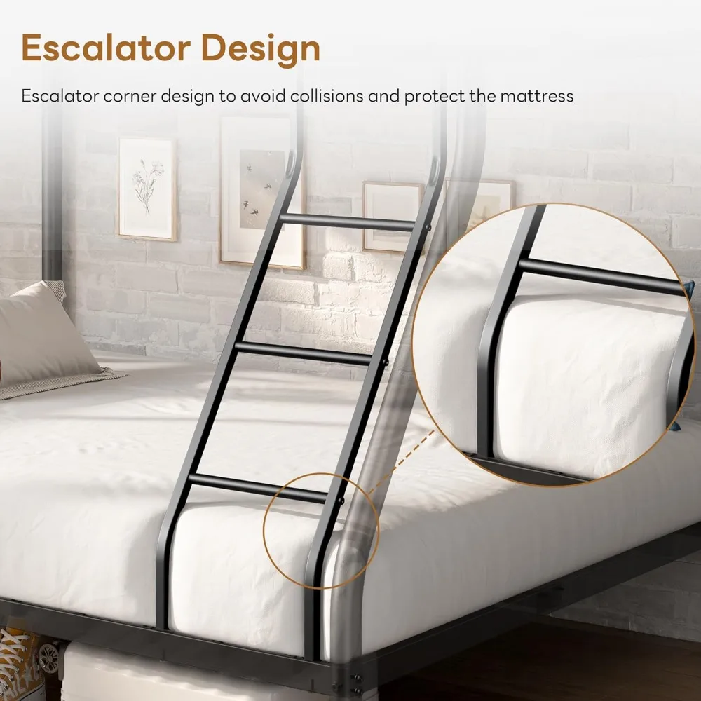 سرير معدني بطابقين مزدوج الحجم بالكامل مع سلم ودرابزين، إطار سرير معدني للمراهقين البالغين، أسرة بطابقين قوية شديدة التحمل،