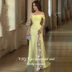 NFYN Yellow Long Stain 3D Flower Party Dress Mermaid Off Shoulder Women Prom Dresses Pleat Evening Gown Lace Sweep Customized