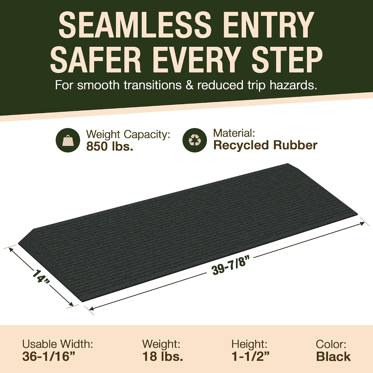 Angled Entry Mat & Slip-Resistant Rubber Threshold Ramp for Doorways, Indoor/Outdoor Wheelchair Access Ramp, Safer Home Floor Mat for Smooth Transitions, Black, 1.50 in