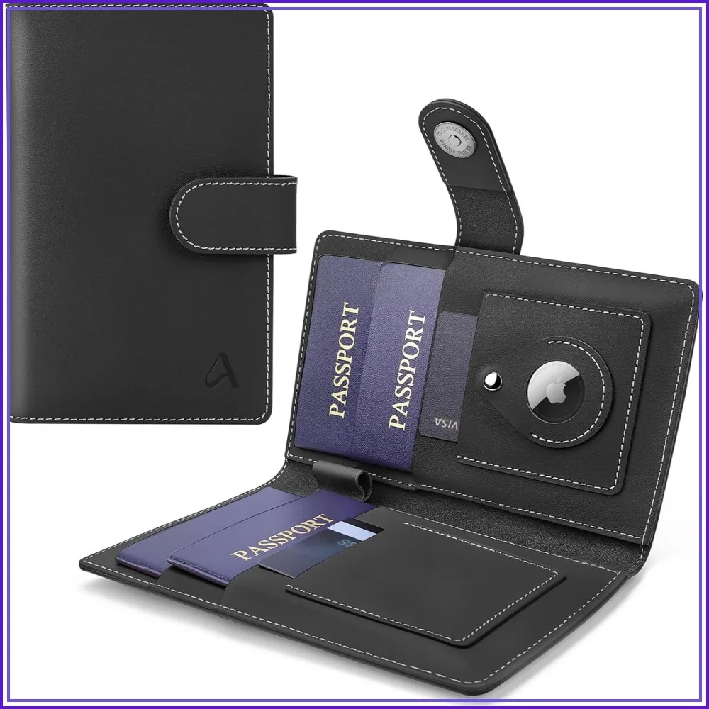 Cartera de Pasaporte de Cuero Genuino con Ranura para AirTag, Organizador de Viaje con Bloqueo RFID para Mujeres y Hombres, Artículos Esenciales para el Aeropuerto, Regalo Familiar (Negro)