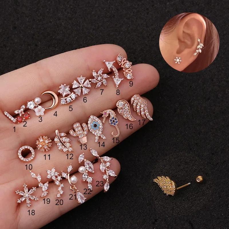 

46pcs Beautifu Earring Ear Piercing Creative Screw Stud Inlaid with Zircon Fashion Crystal Jewelry Leaf Copper Flower