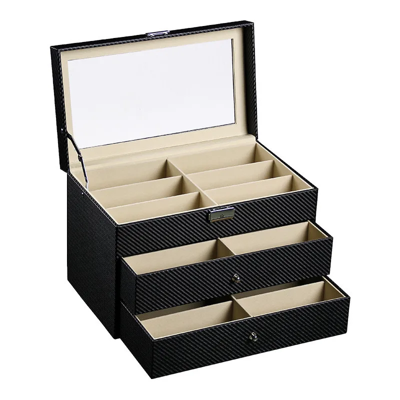 18 Grids Three-layer Carbon Fiber Glasses Storage Box Case Jewelry Sunglasses Eyewear Display Organizer Holder Casket Gift Boxes