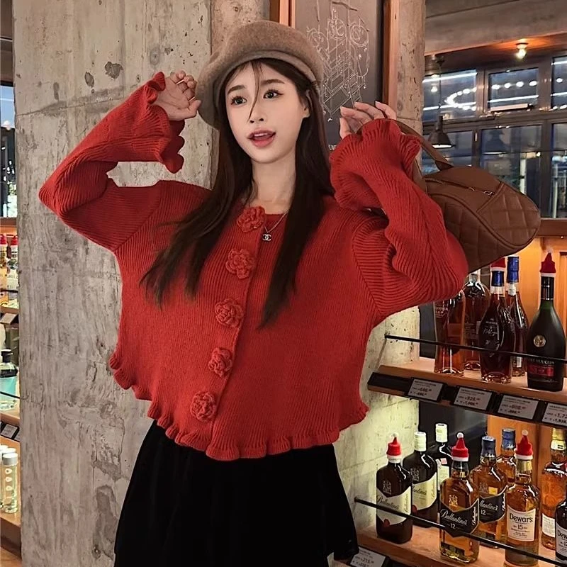 3D Flowers Cardigan Women Soft Thicker Ruffles Ruched Solid Loose Flare Sleeve Knitting Sweaters Sweet Girls Design Stylish