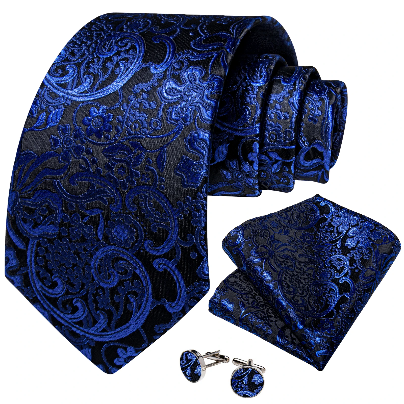 Solid Blue Floral Fashion Men's 8cm Silk Ties Business Wedding Party 150cm Length Necktie Handkerchief Cufflinks Gift