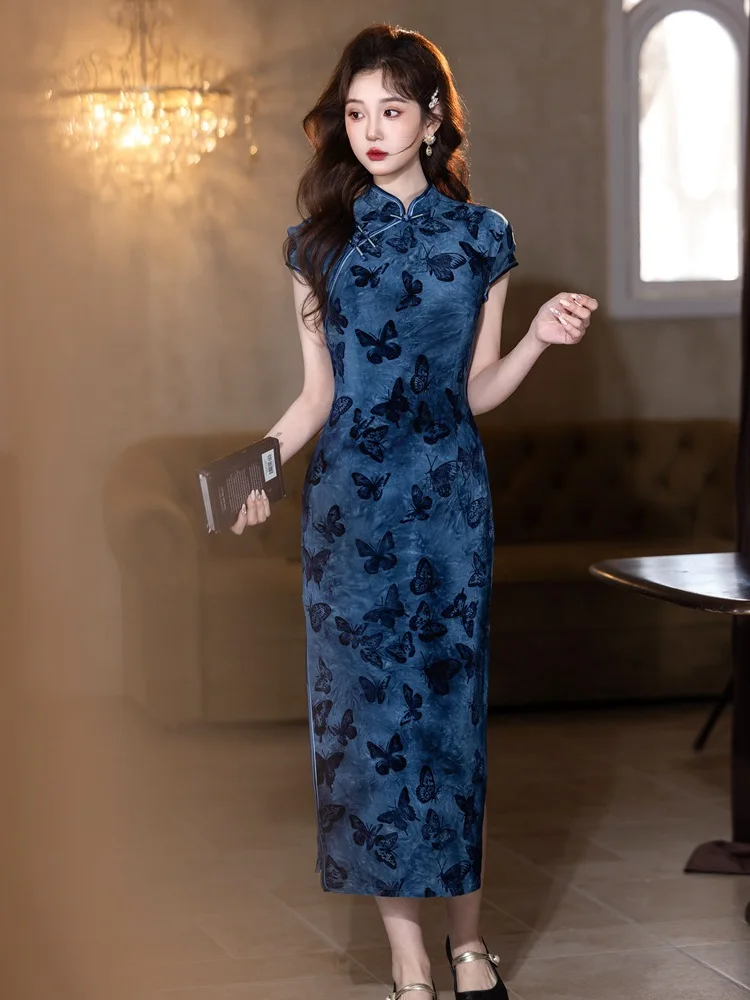 

Blue Butterfly Printed Cheongsam Tie Dyed Plush New Chinese Style Dress Slim Fit Daily Qipao