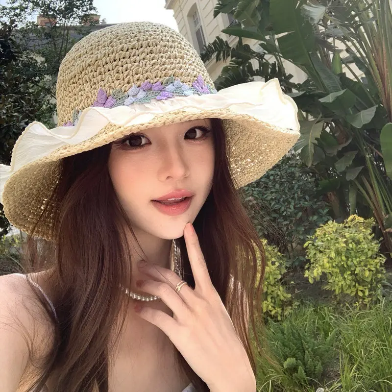 French Sweet Lace Floral Straw Wide Brim Sun Hat for Women,Wavy Edge Beach Vacation Cap,UV Protection Summer Hat,Outdoor Seaside