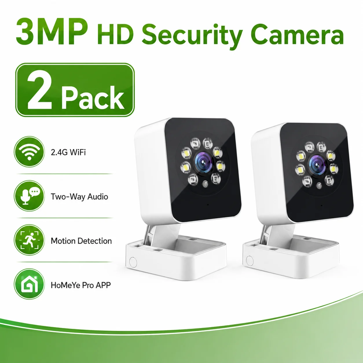 2-Pack 3MP Network HD Camera Dual Light Night Vision IP65 Rainproof Folding Stand WiFi PTZ Mobile Detection Alarm Home/Store/War