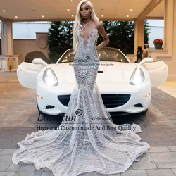 2024 Crystals Long Prom Dresses For Black Girls Lace Sexy Rhinestones Birthdays Dress Mermaid Sleeveless Evening Party Dress