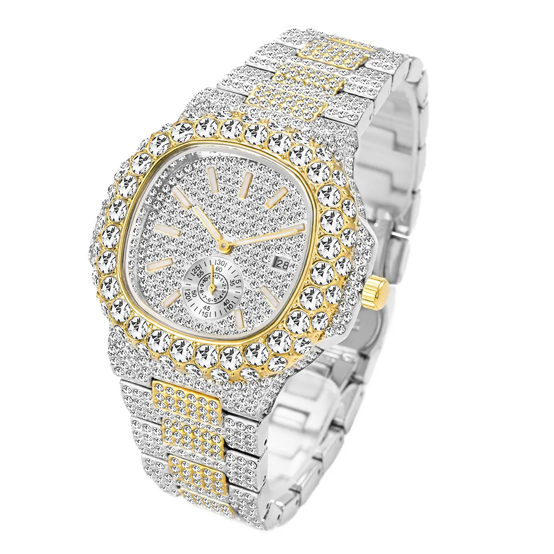 Imagem -03 - Top Marca Grande Grão Rhinestone Ver para Homens Luxo Aço Banda Quartz Calendário Impermeável Mens Hip Hop Ver Relógio