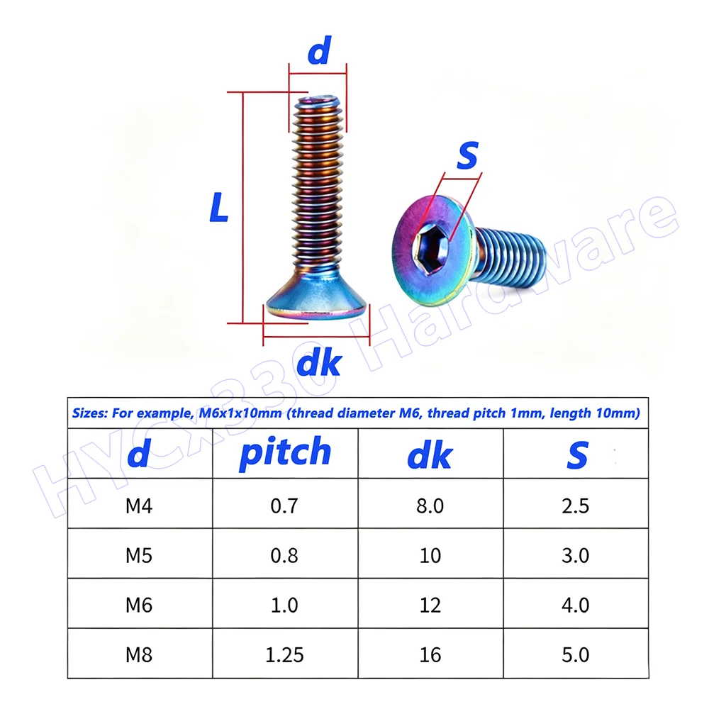 M4 - M8 304 Stainless Steel Countersunk Hex Socket Screws, Allen Flat Head Bolts, Vacuum Plated Colorful, for Motorcycle