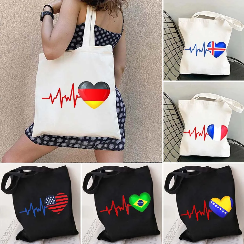 GERMANY BELGIUM CHILE BRAZIL France IRAQ ICELAND AMERICAN BOSNIA Colorado NORWAY Heartbeat Flag Shoulder Canvas Tote Bag Handbag