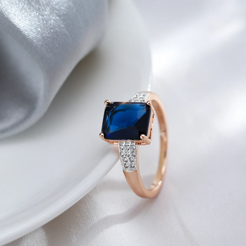 Kinel Unusual Shiny Square Blue Natural Zircon Rings for Women 585 Rose Gold Mixed Silver Luxury Wedding Party Daily Jewelry