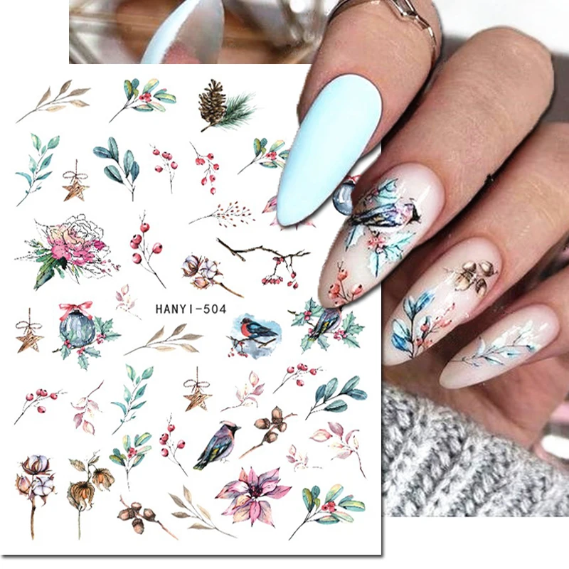 3d Nail Art Decals Retro Winter Xmas Tree Cotton Birds Fruit Flower Self-Adhesive Sliders Nail Stickers For Manicure