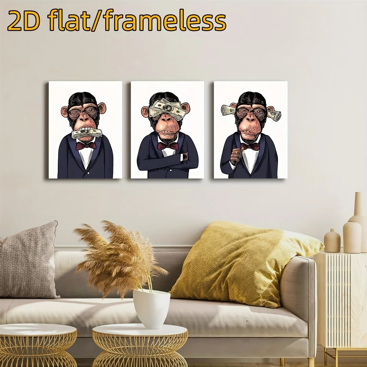 3 Monkey Art Wall Decorations, Animal Themed Ink Art Prints, 2D Flat Printing Frameless Paintings for Office, Living Room, Bedro