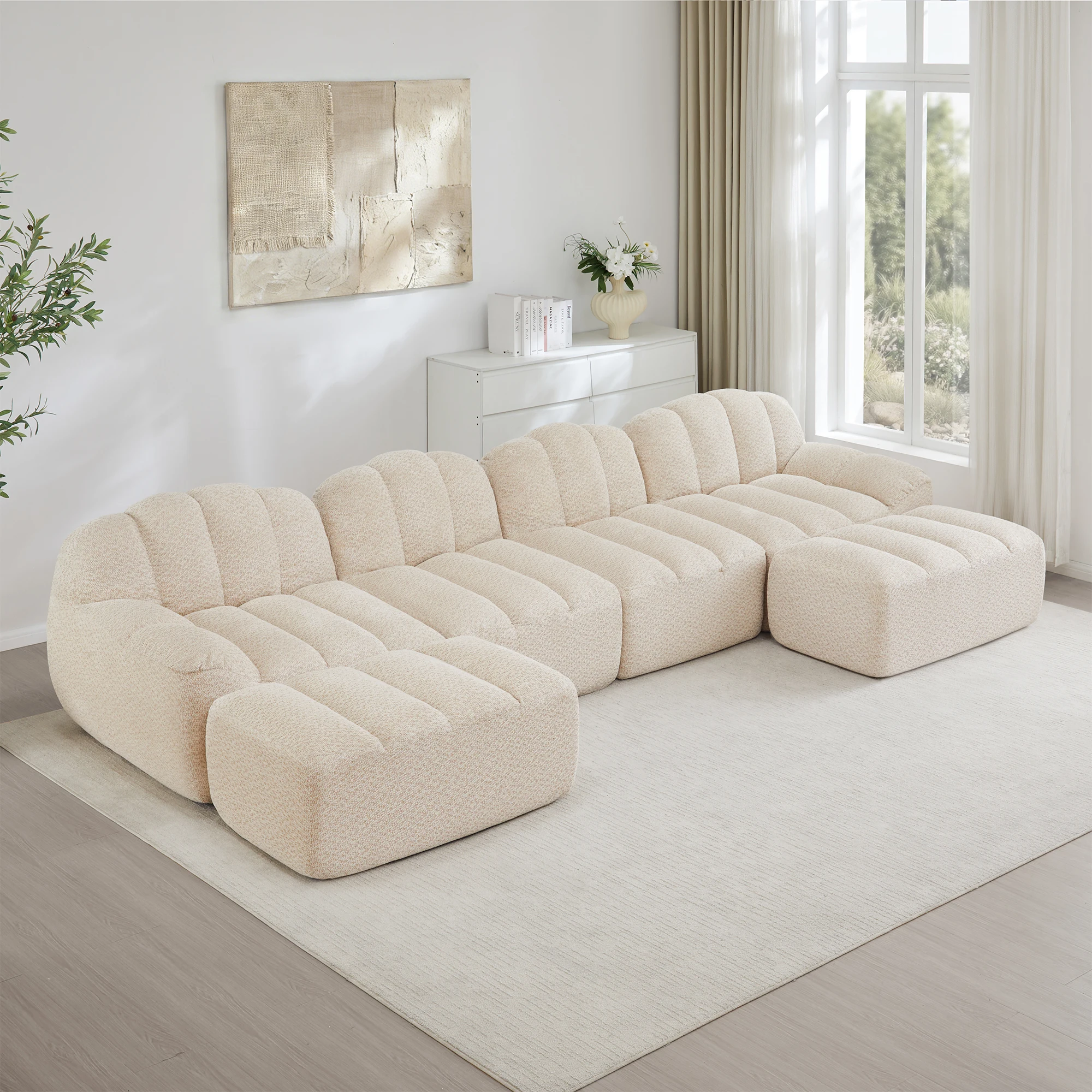 Sofá Modular de 4 Plazas en Forma de U con Asiento Profundo y 2 Otomanas, Diseño Ergonómico, Terciopelo Acanalado Beige Blanco