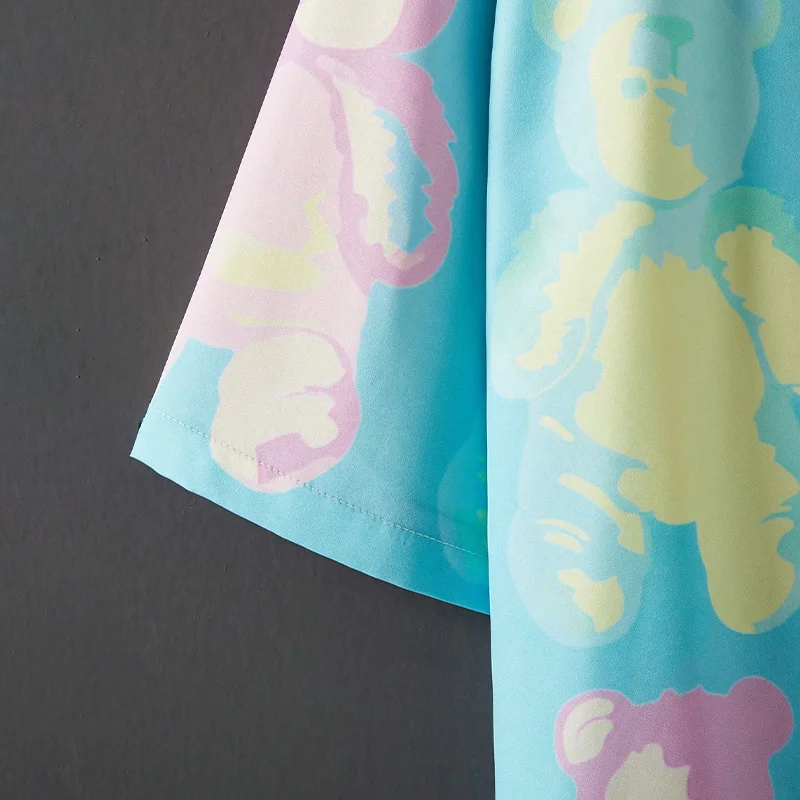 النمط الياباني موضة فضفاضة الرجعية Ins شعبية الفتاة لطيف الدب ثلاثية الأبعاد طباعة كيمونو سترة الصيف هاواي شاطئ زوجين عطلة قميص قطعة واحدة ملابس السباحة التستر