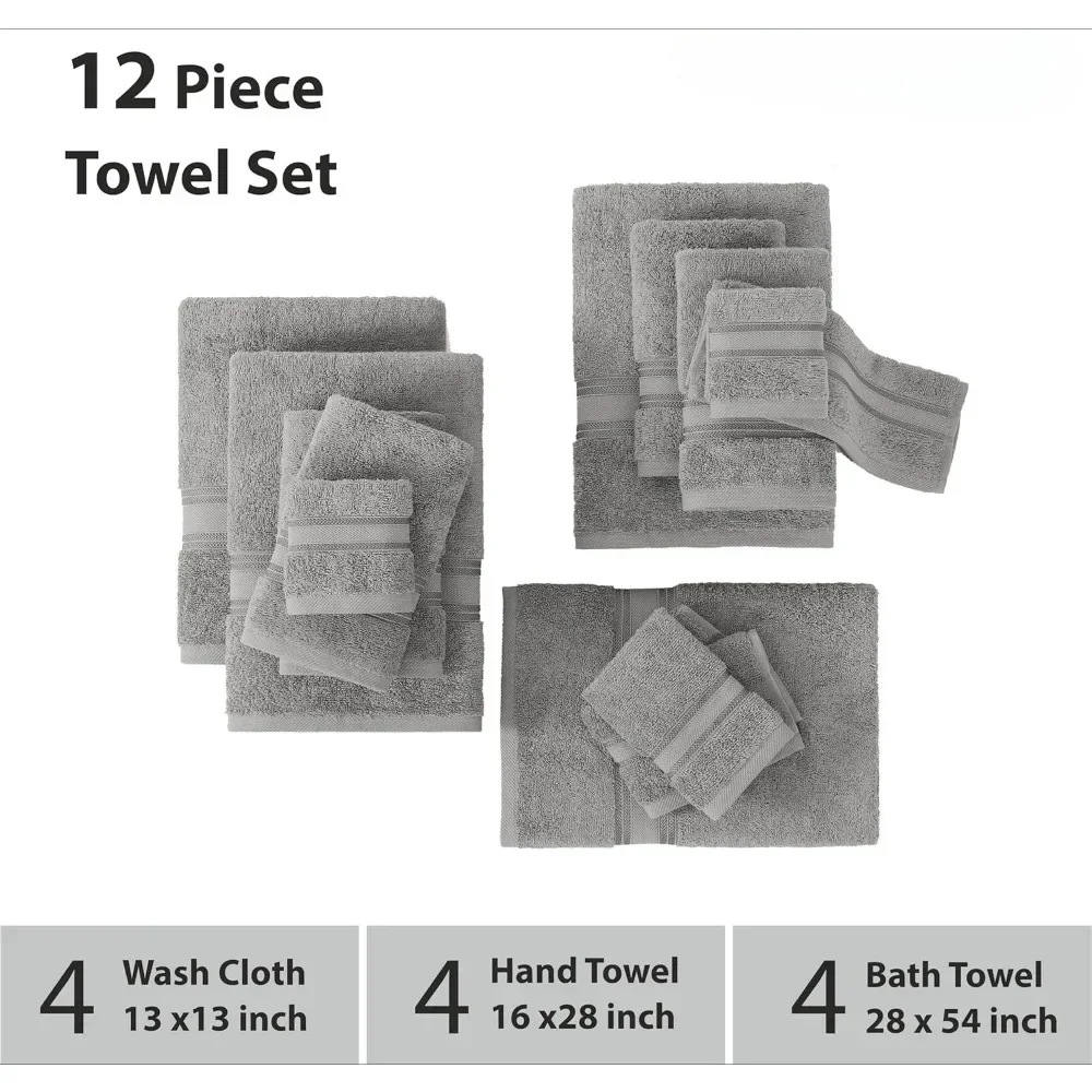 Quick Dry & Strong Absorbent, 12 Piece Bath Towel Set 100% Cotton, Soft, 4 Bath Towels, 4 Hand Towels and 4 Washcloths Towels