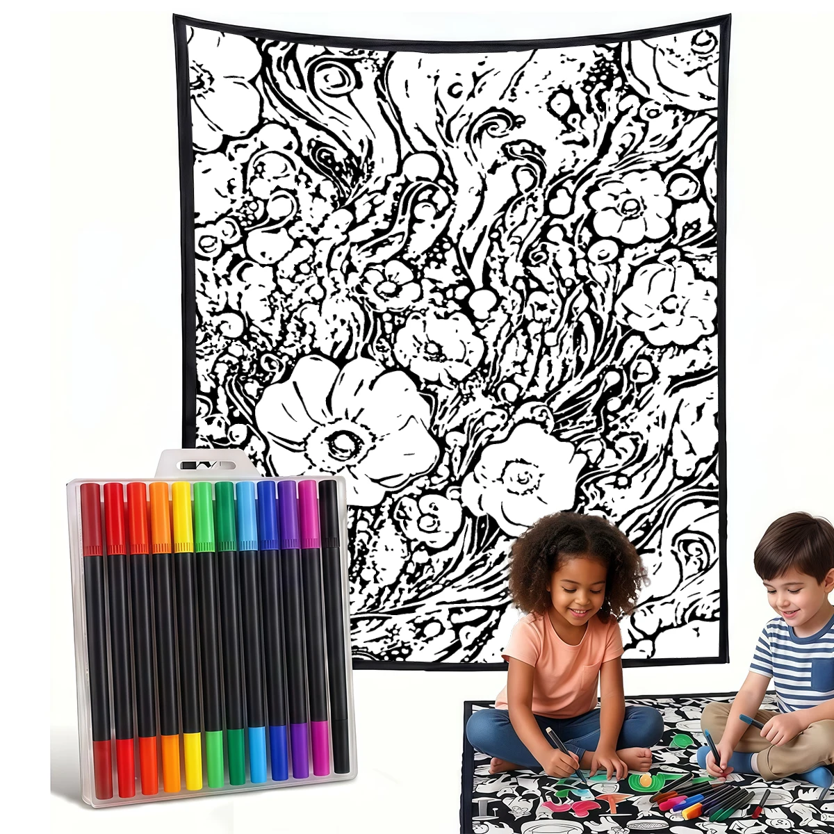 Blue White Bubble Florals DIY Cozy Coloring Blankets -24 Markers, Cozy Velvet Ideal For Daily Use Home Decor And Kids Spaces