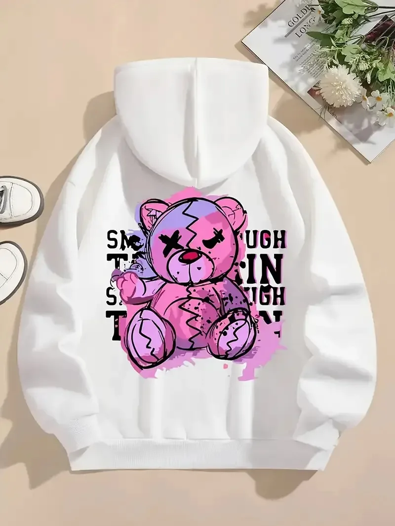 

Pink Bear Graphic Print Autumn and Winter Cotton Men's and Women's Hoodies Outdoor Street Sports Training Brand Trendy Clothing