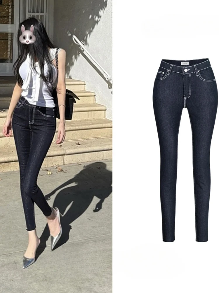 

High Waist Slim Fit Pencil Nine Point Pants Women's Faionable Versatile Cotton Stretch Denim Commute Sle Zipper Closure
