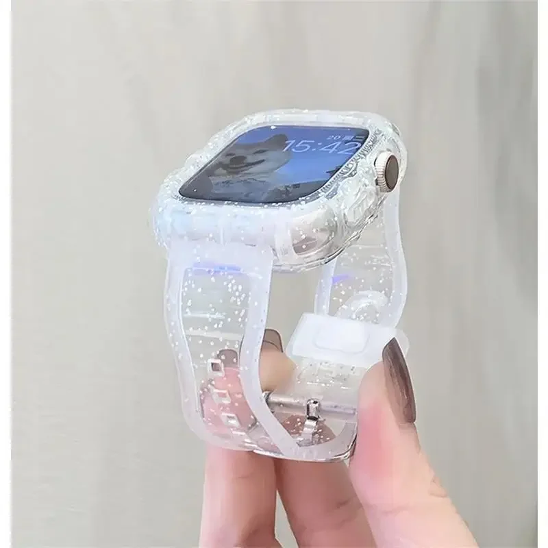 Clear Glitter Strap&Case For Apple Watch 10 Band Ultra 44mm 45mm 40mm 41mm 38mm 42mm 46mm Sports Transparent Bracelet iwatch 9 8