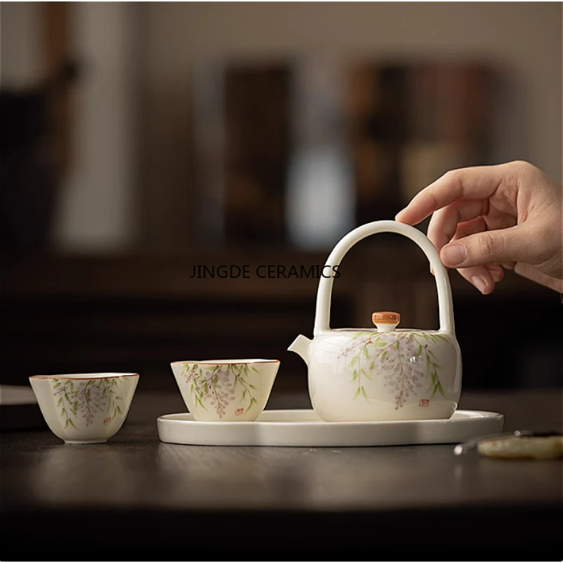 

3pcs/4pcs Ceramic Underglaze Hand-painted Tea Set Lifting Beam Pot Set Home Kung Fu Tea Teapot Set Tea Ceremony Accessories