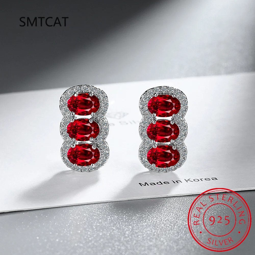 Three Oval Green Simulated Nano Emerald 925 Sterling Silver Stud Earring for Women Statement Gemstone Jewelry Brincos de Prata