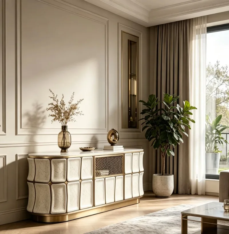 Luxury curved side cabinets, gold metal frame, marble countertops, lockers, suitable for living and dining rooms
