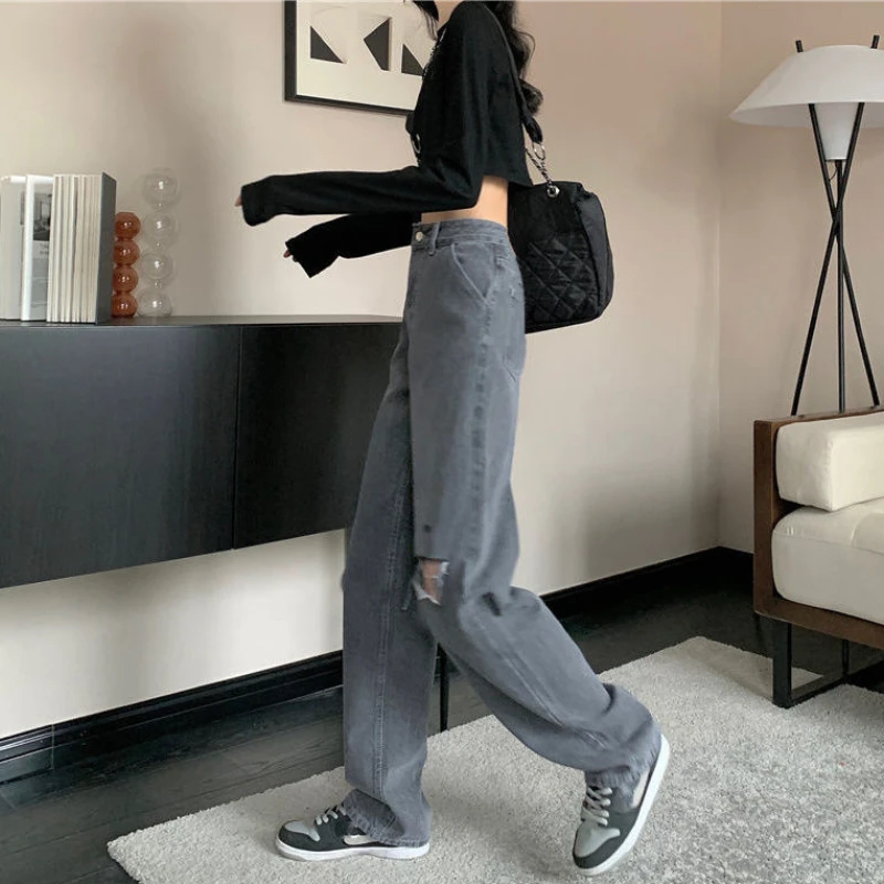 

Джинсы женские осенние с высокой талией для студентов удобная одежда красочные дырки универсальные свободные простые однотонные карманы уличная одежда шикарная