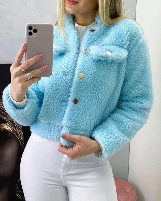 Button Pocket Decoration Long Sleeve Teddy Coat New Fashion Hot Selling Women's 2023 Long Sleeve Exquisite Sweater