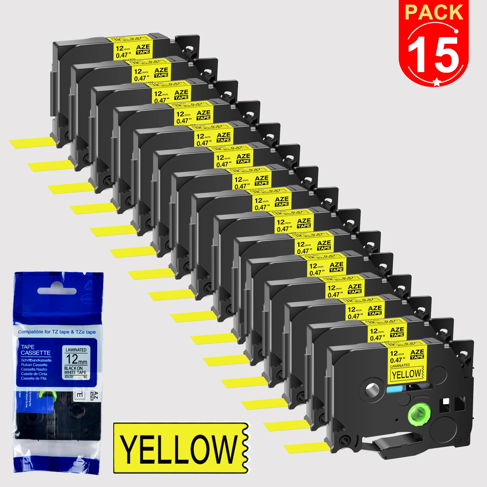 

15PK Black on Yellow Label Tape Compatible for Brother Tz-631 6/9/12/18/24mm Standard Laminated Label Ribbon for Printer P-Touch