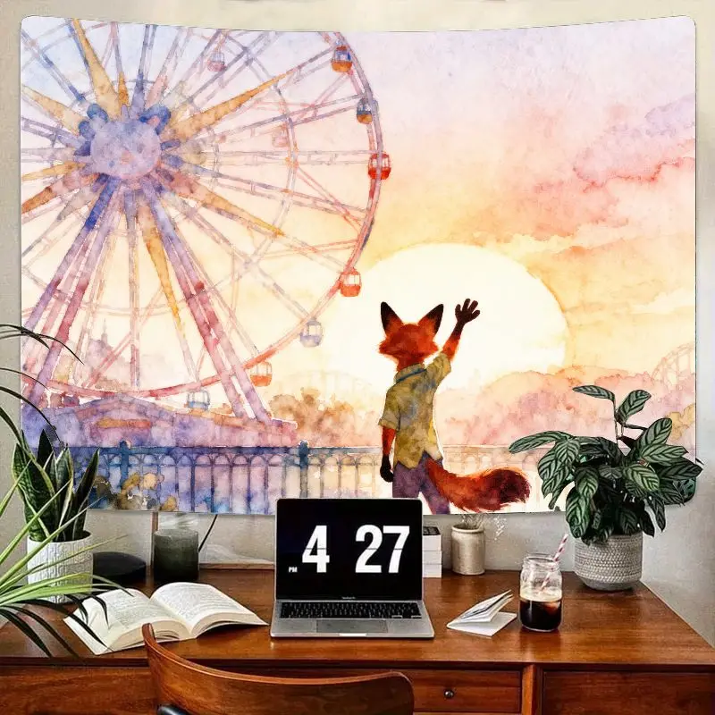 

1 шт., мечтательный акварельный гобелен с колесом обозрения, закат, эстетическое настенное искусство для спальни, гостиной, декор в общежитии, подарок