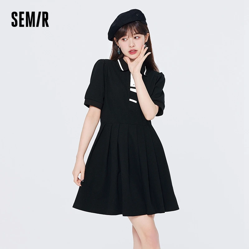 

SEMIR Dress Women Hit Color Polo dress Salt Sweet College Style 2024 Summer New Puff Sleeve Pleated Dresses Retro