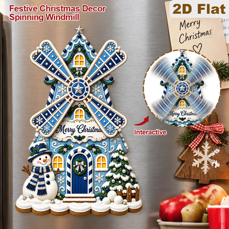 2D Flat, 1pc Merry Christmas Snowman Windmill Gingerbread House Wooden Fridge Magnet, Interactive Rotating Pinwheel Christmas