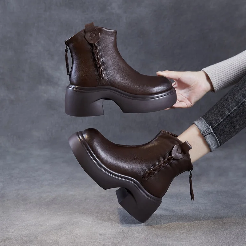 DRKANOL النمط البريطاني النساء سميكة عالية الكعب حذاء من الجلد شتاء دافئ الفراء مكتنزة منصة عودة سستة الارتفاع زيادة الأحذية #3