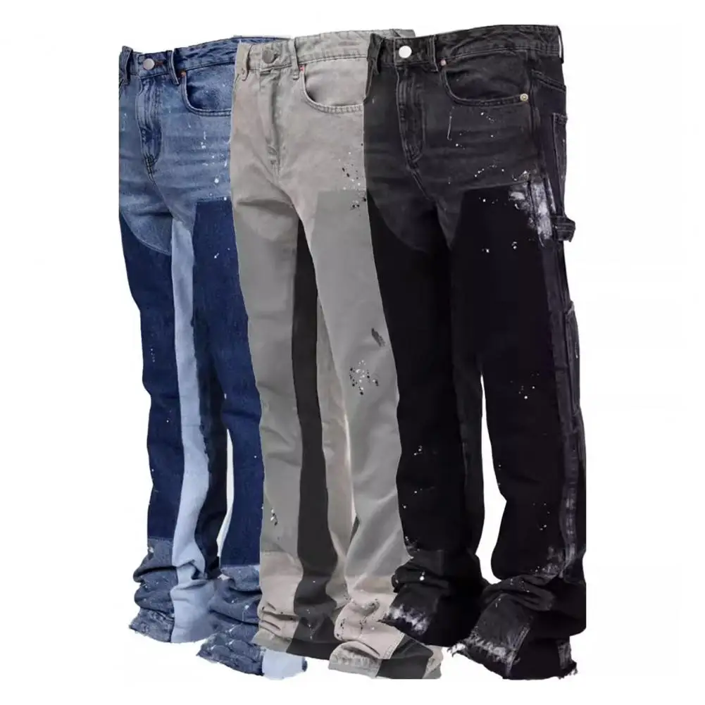 Men's Baggy Bell-Bottom Jeans Elastic Denim Casual Work Pants Vintage Patchwork Flared Trousers for Casual Wear Travel Work