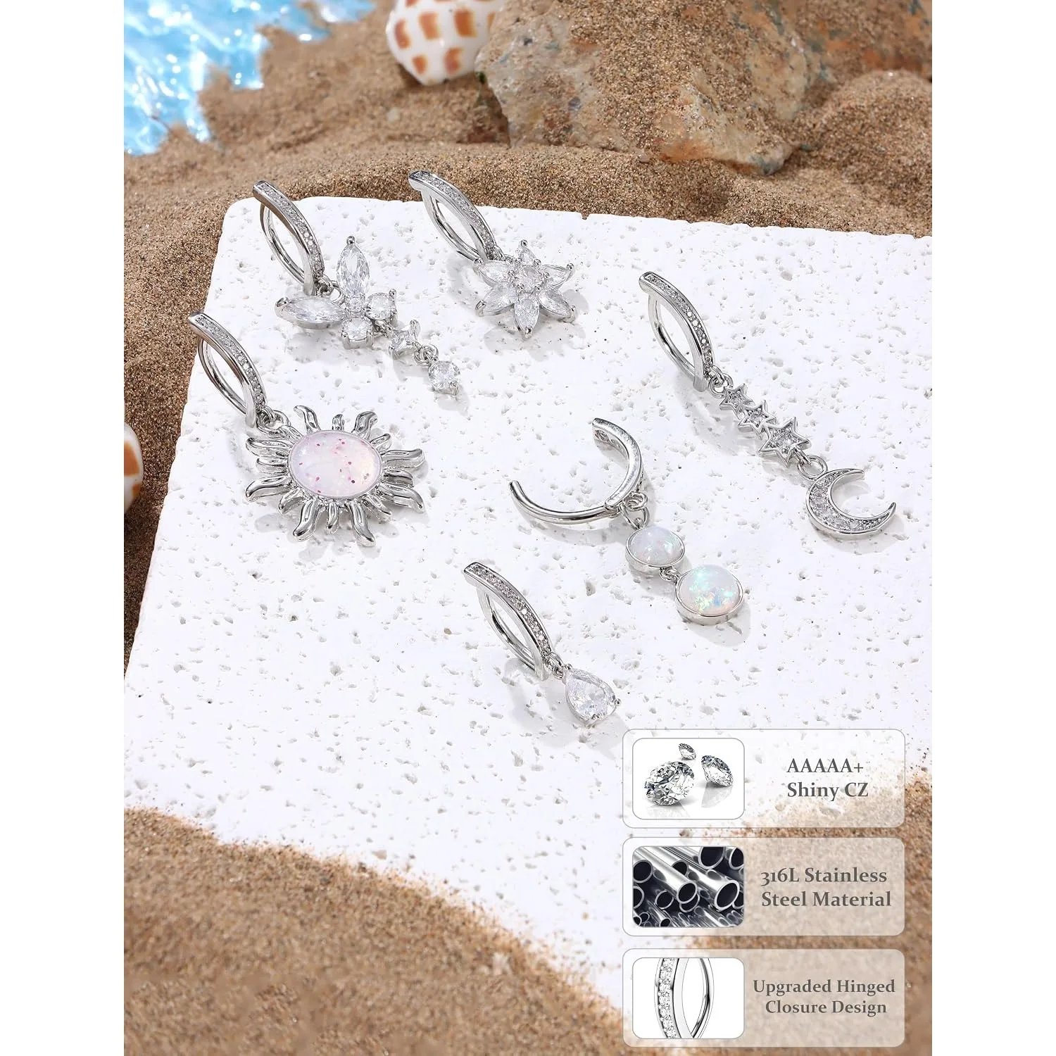 FASACCO 6PC 14G Clicker Reverse Navel Ring 316L Steel Hypoallergenic Butterfly Evil Eye Heart CZ Opal Dangle Piercing Gift Women