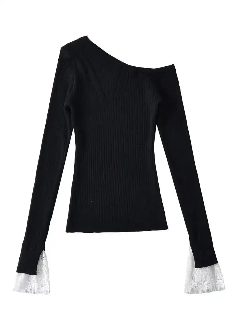 

2026 Autumn New American Style Lace Splicing Skew Collar Off Shoulder Long Sleeve Solid Slim Knitted Sweater Pullover 0SBA