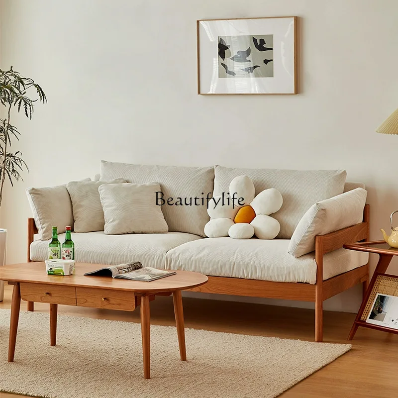 

Nordic cherry wood solid wood sofa simple cream style small apartment living room sofa