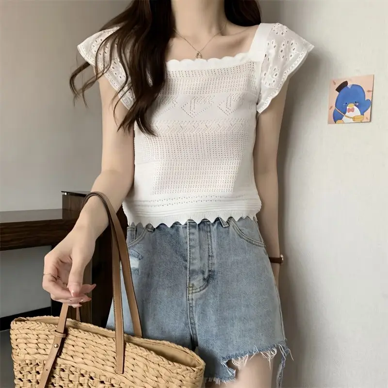 

Small Flying Sleeve Short Knit Short Sleeve T-shirt Women's Summer French Slimming Square Collar Collarbone Base Top