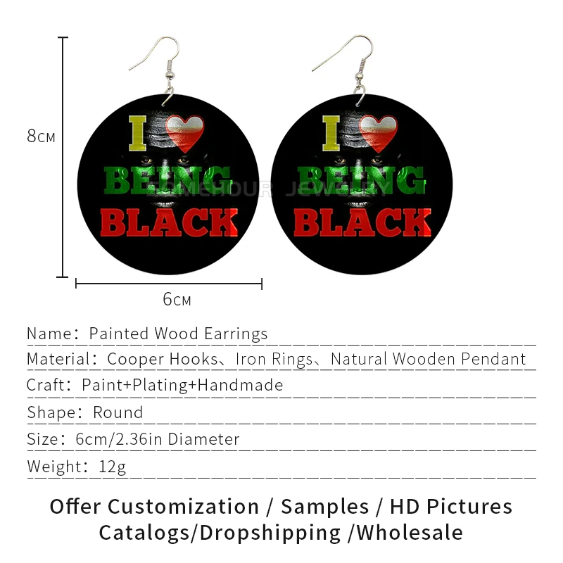 SOMEHOUR I Am Black History Printed African Wooden Drop Earrings Living My Best Life Dope Strong Sayings Loops For Women Gift