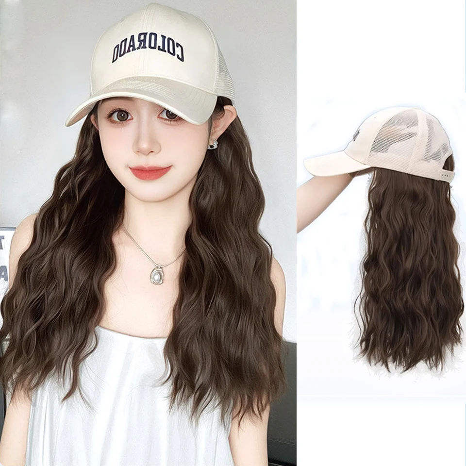 Fashion White Baseball Cap With Synthetic Wig One Piece Women Summer Synthetic Long Straight Hair Adjustable Hat Wig