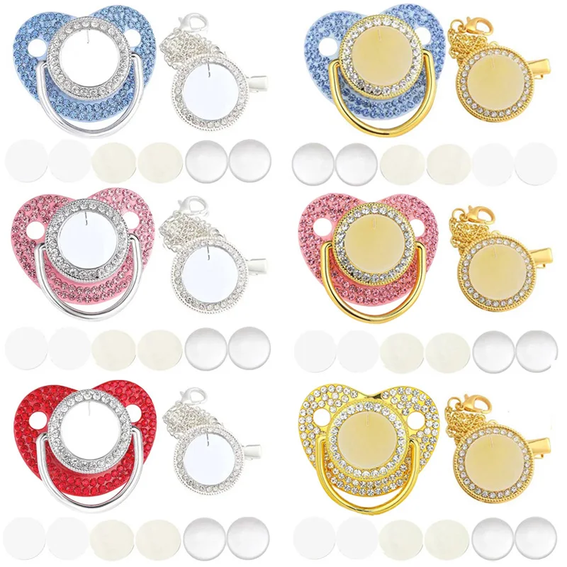 

Full Zircon Blank Baby Pacifier with Chain Clips Cover Set Bling Luxury Dummy Nipple BPA Free Silicone Pacifiers Newborn Gifts