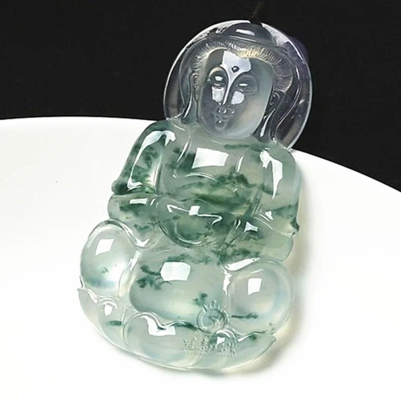 

Carved Jade Emerald Guanyin Myanmar Ice-like Floating Flowers Avalokitesvara Pendant Men's and Women's Handmade Jade Pendant Jad