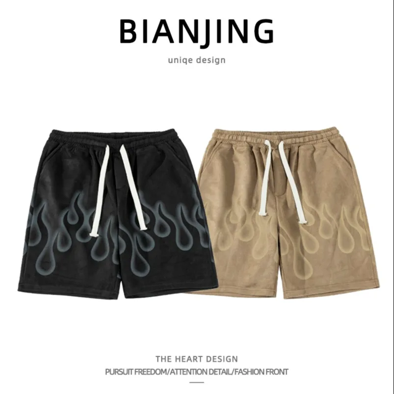 American Men's Sports Shorts Summer Hip Hop High Street Flame Graphic Shorts Fashionable Men's Clothing Loose Oversized Pants