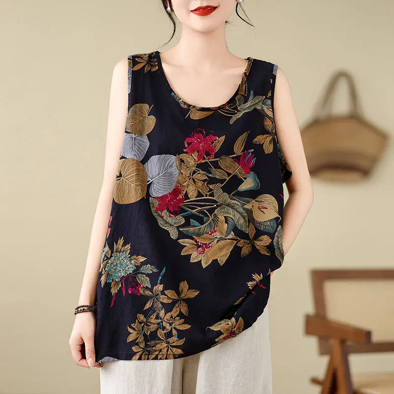 2024 Summer Women Vintage Fashion Floral Print Ethnic Style Sleeveless Vest Casual O Neck Oversized Cotton Linen Tunic Tank Tops